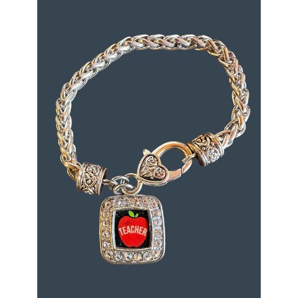 Teacher Apple Square Charm Bracelet Classic Silver Plated - Picture 8 of 11